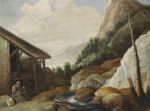 Gebirgslandschaft Mit Lesendem Eremiten