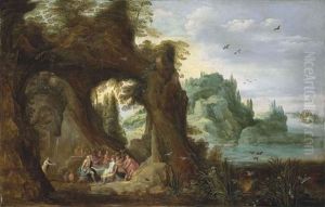 A Rocky, River Landscape With The Feast Of The Gods In A Cave In The Foreground, The Triumph Of Neptune And Amphitrite Beyond by Joos de Momper the Younger