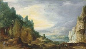 A Mountainous Wooded Landscape With Travellers On A Path In The Foreground, A Bridge And A Church Beyond
