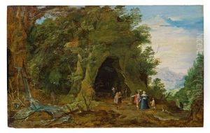 Gebirgslandschaft Mit Andacht In Einer Felsgrotte