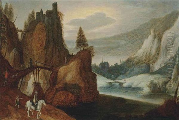 A Mountainous River Landscape With Travellers On A Bridge - view 1