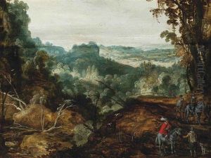 A Extensive Wooded Landscape With Travellers On A Track