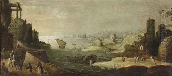 An Italianate Harbour View With Fishermen And Horsemen In The Foreground - view 1