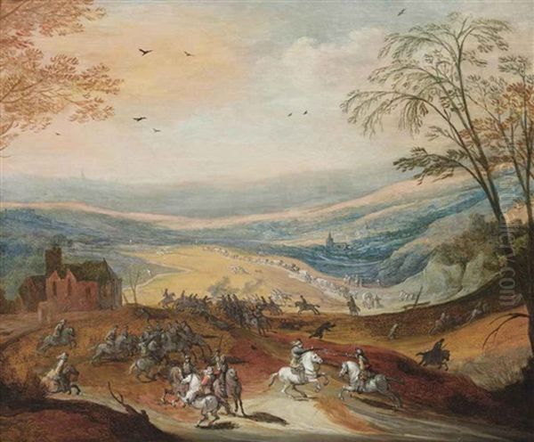 A Cavalry Skirmish In A Hilly Landscape, A Convoy Beyond - view 1