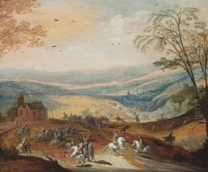 A Cavalry Skirmish In A Hilly Landscape, A Convoy Beyond