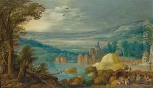 Village Au Bord D'un Lac, Des Collines A L'arriere-plan
