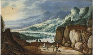 An Extensive River Landscape With Horsemen On A Path And Mountains Beyond