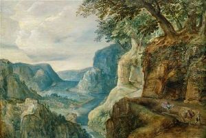 Weite Flusslandschaft Mit Einem Reisenden Auf Einer Anhohe Weite Flusslandschaft Mit Einem Reisenden Auf Einer Anhohe