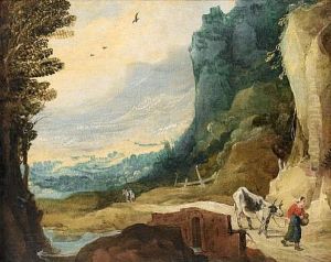 A Mountainous Landscape With A Woman Leading A Bull On A Country Path by Joos de Momper the Younger