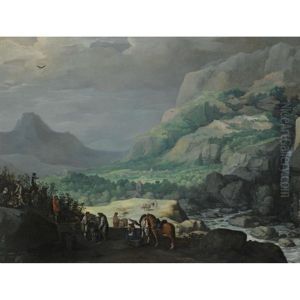 An Extensive Mountainous Landscape With Elegant Figures Picking Vines In The Foreground by Joos de Momper the Younger