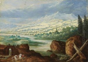Weite Flusslandschaft Mit Packpferden Weite Flusslandschaft Mit Packpferden