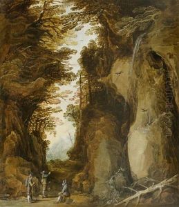 Felsenlandschaft Mit Drei Rastenden Wanderern Bei Einem Wasserfall