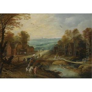 An Autumn Landscape With Travellers And Herdsmen On A Path, A Country Inn Beyond