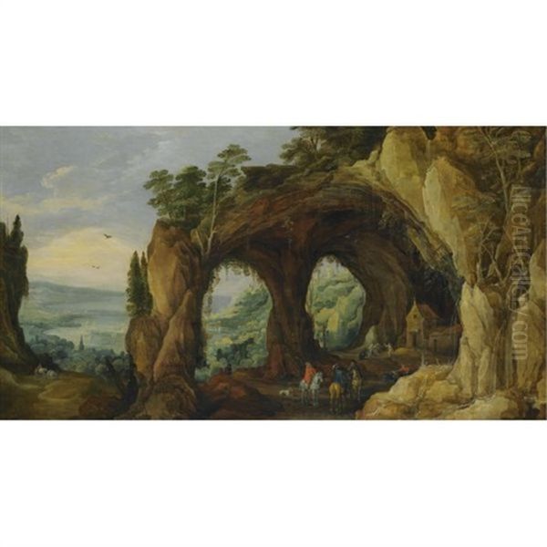 An Extensive River Landscape With Horsemen Before A Rocky Arch In The Foreground - view 1