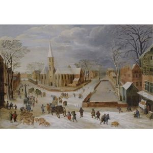 An Urban Winter Landscape With A Farrow Of Pigs In The Foreground
