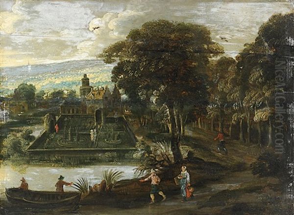 Waldlandschaft Mit Schloss Und Figurenstaffage - view 1