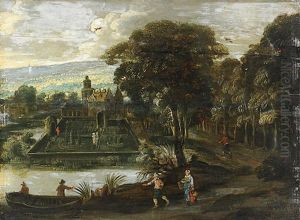Waldlandschaft Mit Schloss Und Figurenstaffage by Joos de Momper the Younger