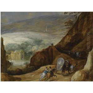 A Mountainous Landscape With Horsemen And Travellers In A Horse-drawn Wagon And A Horse-drawn Cart On A Path, A Watermill Beyond