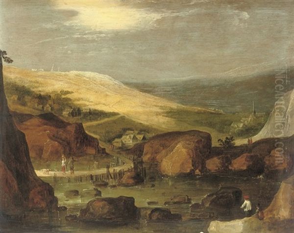 A Rocky River Landscape With Travellers Crossing A Bridge - view 1