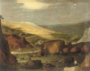 A Rocky River Landscape With Travellers Crossing A Bridge