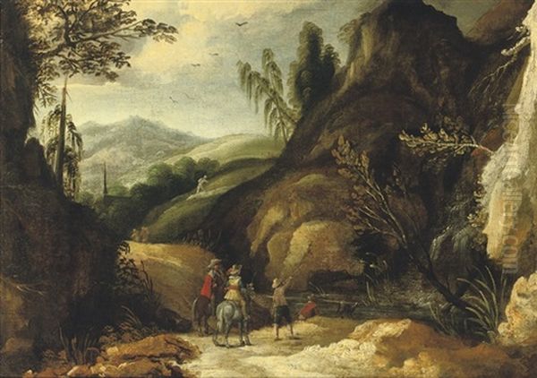A Mountainous River Landscape With A Hunting Party Near A Waterfall - view 1