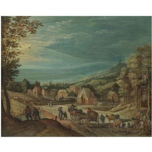 Travellers And Herdsmen Descending A Hill Towards A Town by Joos de Momper the Younger