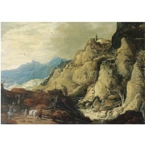 A Mountainous Landscape With Travellers On A Path By A Rocky Waterfall (collab. W/jan Brueghel The Younger) by Joos de Momper the Younger