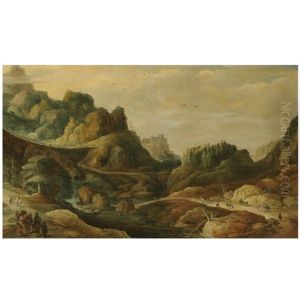 A Mountainous Landscape, With Many Figures On A Road Passing Along Each Bank Of A River by Joos de Momper the Younger