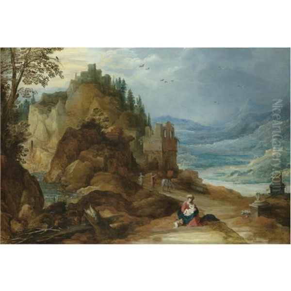 A Mountainous River Landscape With The Rest On The Flight Into Egypt - view 1
