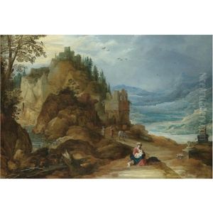 A Mountainous River Landscape With The Rest On The Flight Into Egypt by Joos de Momper the Younger