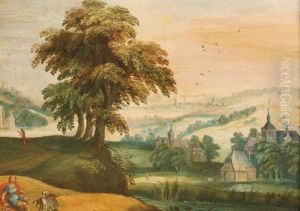 A Hilly River Landscape With A Resting Soldier And His Dogs