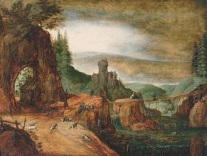 A Rocky River Landscape With Peasants And Their Goats By A Path, A Fortified Dwelling Beyond