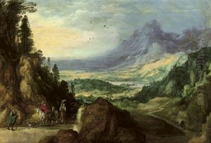 A Mountainous Landscape With Horsemen Meeting A Beggar On A Path, A Lake In The Distance