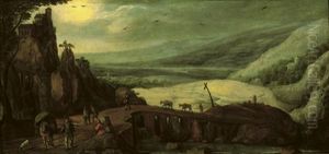 An Extensive Landscape With Travellers On A Bridge, Mountains Beyond by Joos de Momper the Younger
