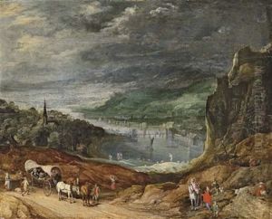 A Mountainous River Landscape With Travellers In A Carriage On A Path, With A Town Beyond (collab. W/circle Of Jan Breughel Ii) by Joos de Momper the Younger