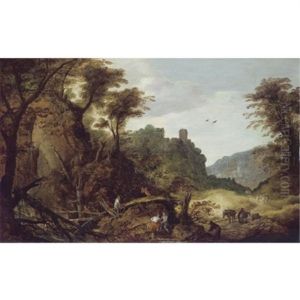 A Mountainous Landscape With Foresters, A Clifftop Castle Beyond