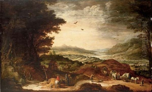 Peasants In Wagons And Pilgrim Hermits In An Extensive River Landscape - view 1