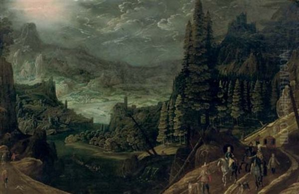 An Extensive Wooded Landscape With Travellers On A Path - view 1