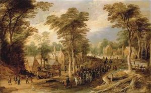 A Village Landscape With A Troup Of Cavalry And Soldiers On A Path A Village Landscape With A Troup Of Cavalry And Soldiers On A Path