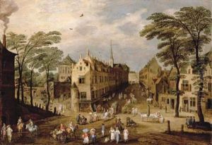 A Town Landscape With Company, Townsfolk And Wagoners
