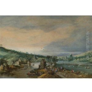 A River Landscape With Figures On A Road Passing A Town, And A Distant View Of The Sea ( Collab. W/ Jan Brueghel The Elder) by Joos de Momper the Younger