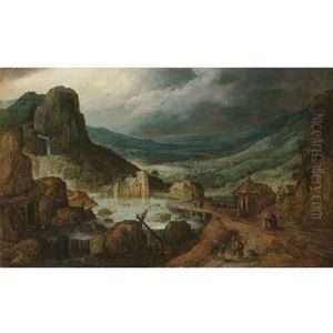 A Mountainous Landscape With A Wooden Bridge Crossing A River, And A Monk Feeding His Donkey by Joos de Momper the Younger