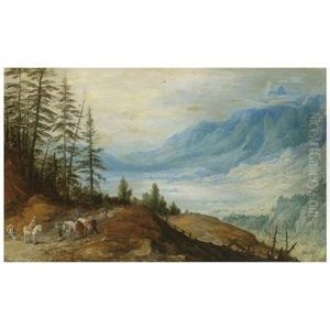 A Mountainous Landscape With Travellers On A Road In The Foreground, A Large Lake Below And Beyond by Joos de Momper the Younger