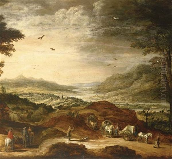 Peasants In Wagons And Pilgrim Hermits In An Extensive River Landscape - view 1
