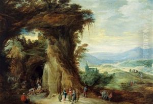 Weite Gebirgige Landschaft Mit Einem Zigeunerlager Und Reisenden