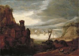 An Extensive River Landscape With Fishermen On The Shore And Peasants By A Fortified Dwelling