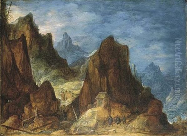 An Extensive Mountainous Landscape With Travellers Near A Hut - view 1
