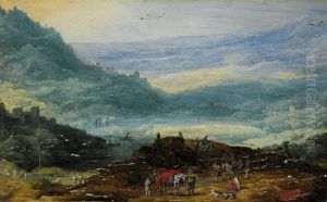 A Mountainous Landscape With A Group Of Travellers In The Foreground, A Lake And Town In The Distance by Joos de Momper the Younger