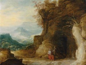 Johannes Der Taufer Vor Einer Grotte. Im Hintergrund Berglandschaft Johannes Der Taufer Vor Einer Grotte. Im Hintergrund Berglandschaft