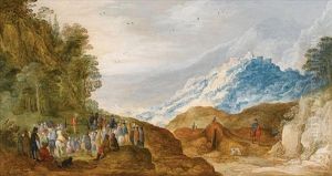 An Extensive Mountainous Landscape With Saint John The Baptist Preaching by Joos de Momper the Younger